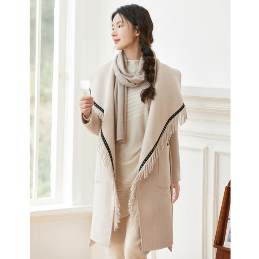 Famecoco范可儿冬季复古流苏拼接披肩洋气保暖女款羊毛双面呢大衣F208AC115 商品图1