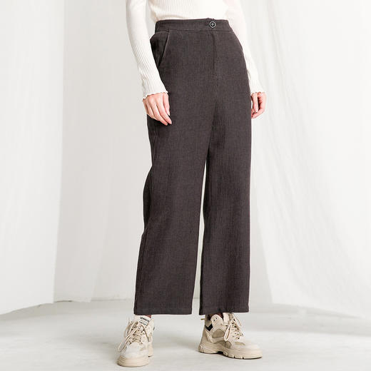 Famecoco范可儿文艺坑条亚麻棉宽松显瘦高腰阔腿裤女休闲裤子春季F195GA034 商品图4