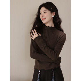 鹿向南「暗柔轻装」法式深咖长袖T恤女秋冬内搭半高领打底衫上衣