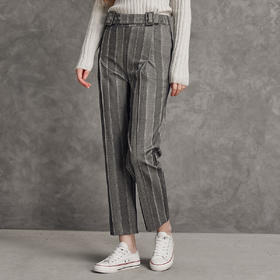famecoco范可儿灰色竖条纹西裤女垂感秋季文艺收腰直筒裤长裤通勤F185GA003