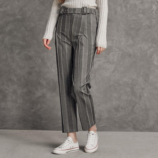 famecoco范可儿灰色竖条纹西裤女垂感秋季文艺收腰直筒裤长裤通勤F185GA003 商品图0