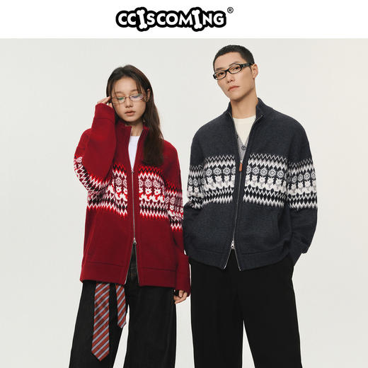 潮牌CC系列男女同款费尔岛毛衣开衫男短款宽松保暖CC5BSW07 商品图0