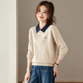 学院风翻领撞色毛衣，宽松减龄慵懒风娃娃领针织衫打底上衣厚CC-27-25259