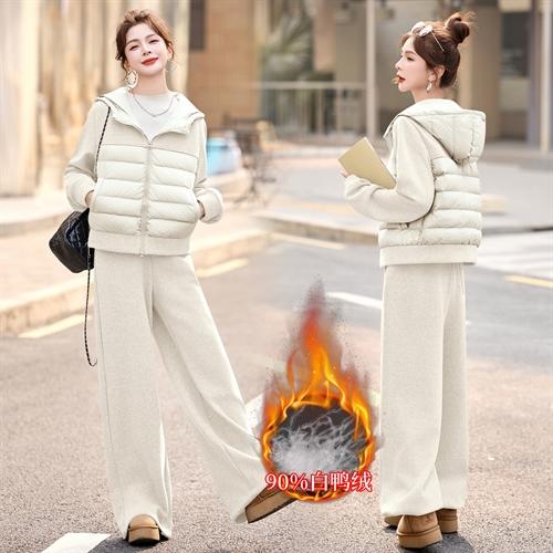 韩版拼接连帽90绒羽绒服外套，配加厚松紧腰卫裤套装HR-YDYX9512 商品图2