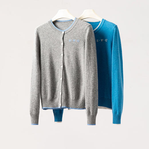 100%Baby小山羊绒~圆领拼色羊绒开衫女小众针织外套BABY25033 商品图2