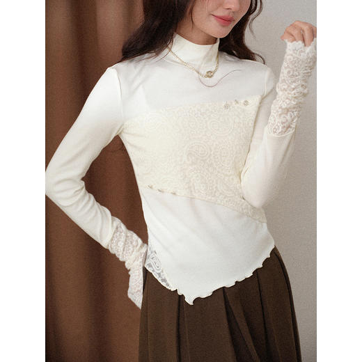 鹿向南「暖月菲朵」不规则半高领杏色T恤女冬提花拼接显瘦打底衫 商品图2