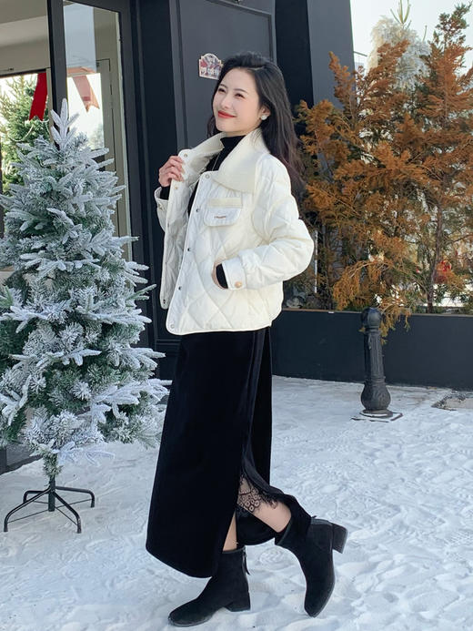 【百图lulu定制】【预售7天发】【黑科技香风棉外套】石墨烯云绒 毛衣领拼接 香风菱形格纹 外套 商品图4