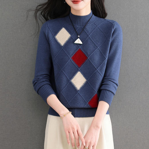 半高领毛衣女士宽松针织上衣，拼色洋气格子显瘦内搭打底衫CC-103-97875 商品图1