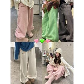 25AW上新 甜甜同款【松弛羊羔裤】弯刀加绒纯色保暖休闲松紧腰直筒裤