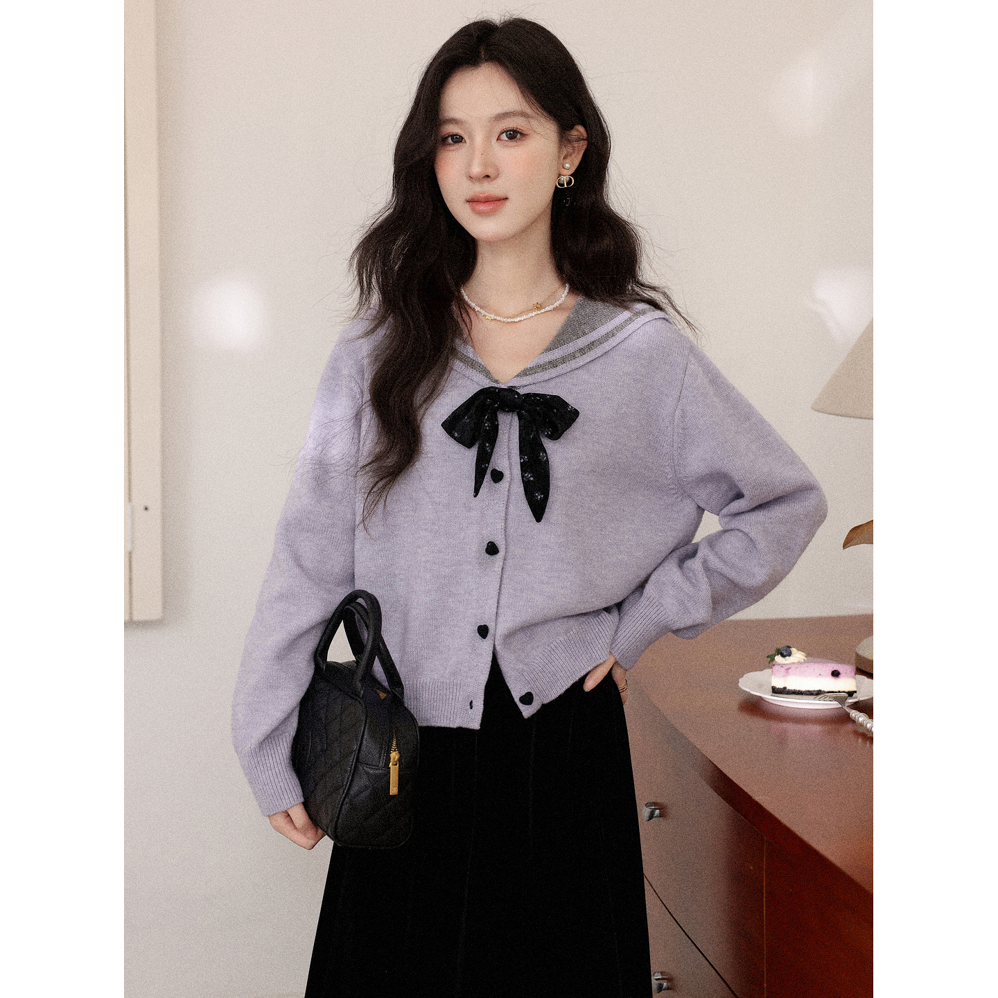 鹿向南「香芋奶酪」紫色假两件毛衣秋冬新款小众设计感开衫上衣女