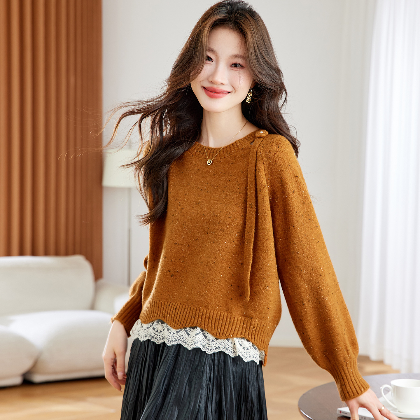 高级感蕾丝花边宽松毛衣打底衫，好看的针织衫上衣厚CC-XFY-3317