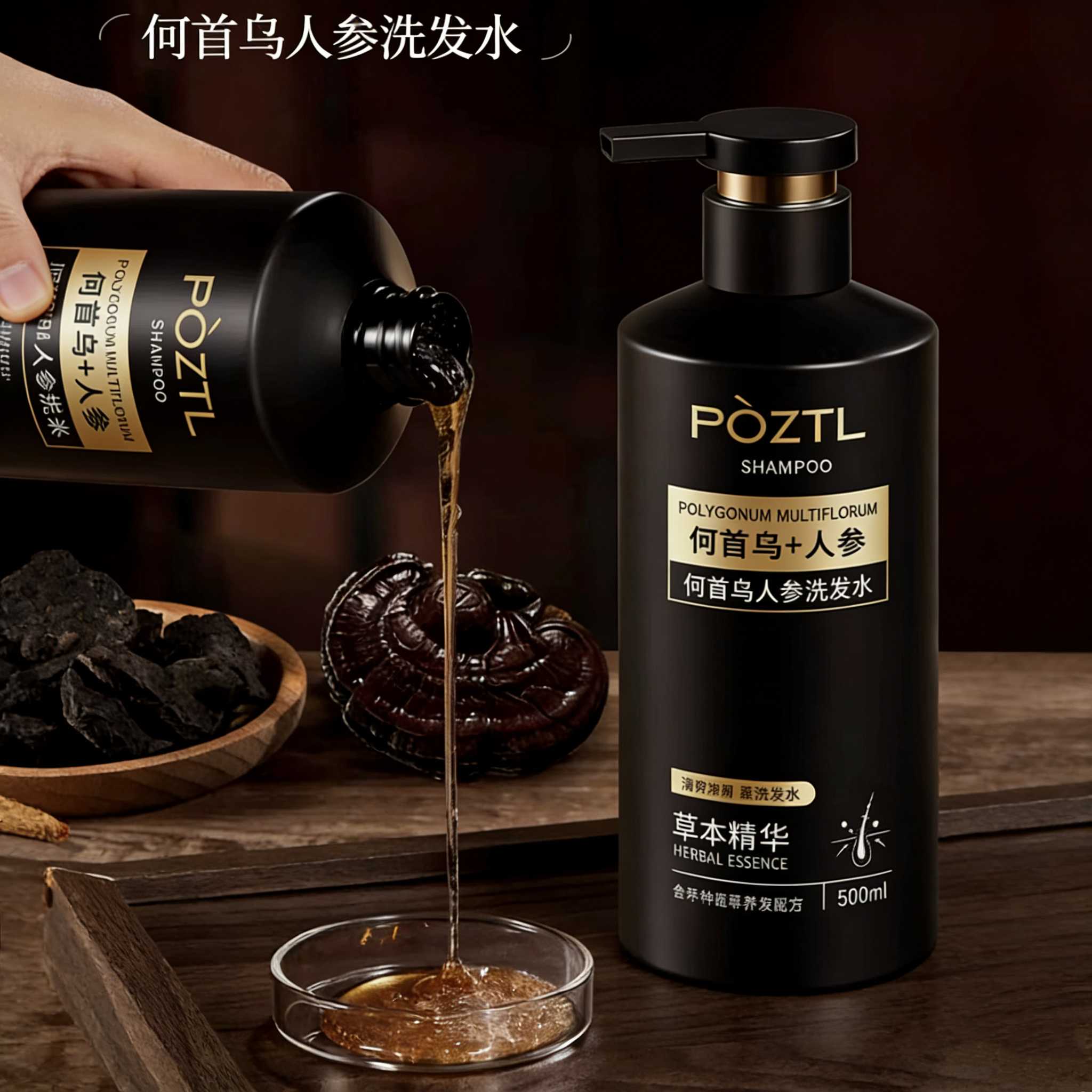 【POZTL泊紫汀兰  何首乌人参植物洗发水】500ML一瓶，古法传承养黑，草本植萃配方，自然洗出乌黑头发~