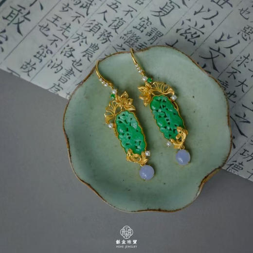 龢盒原创 荷塘锦鲤18k金镶老翡翠耳坠 商品图2