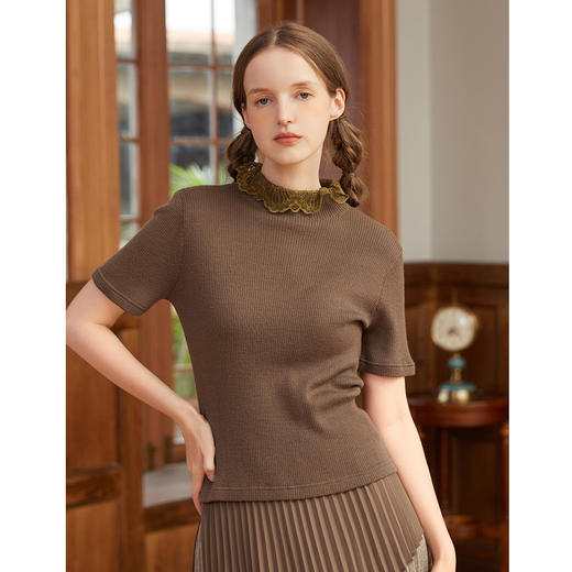 Famecoco范可儿复古蕾丝半高领短袖针织衫绵羊毛上衣D195DB301 商品图2