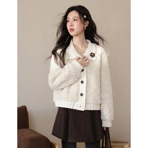 鹿向南「云暖」奶茶色翻领减龄短外套女秋冬新款宽松长袖开衫上衣 商品图2