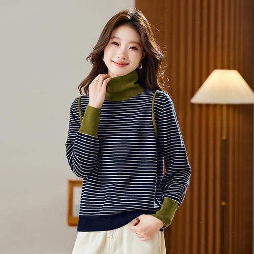 撞色条纹高领毛衣，保暖厚款内搭宽松针织衫打底上衣CC-66-6124 商品图3
