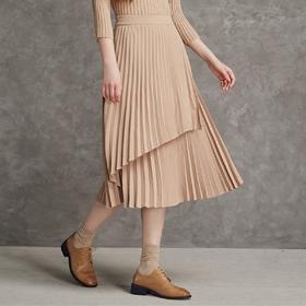 famecoco范可儿不对称百褶半身裙春秋季卡其色裙子女a字遮肚显瘦F185HA003