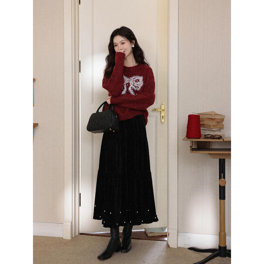 鹿向南「夜幕星光」加厚黑色半身裙女秋冬设计感高级显瘦长款裙子 商品图1