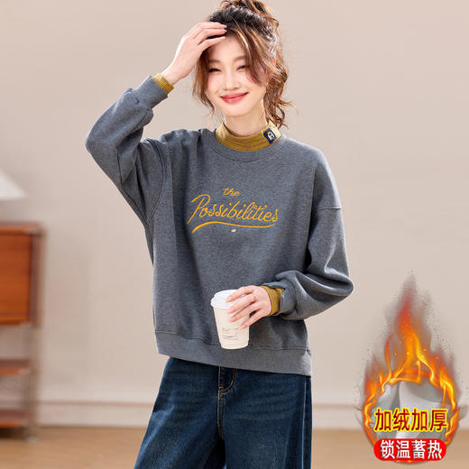 假两件半高领加绒厚款卫衣，慵懒风字母无帽短款休闲打底上衣CC-J-7059 商品图3