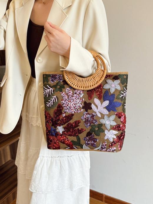 【小众高奢刺绣包包】亮片草编托特包 高奢小众刺绣女士包包 大容量时尚编织手提包 商品图2