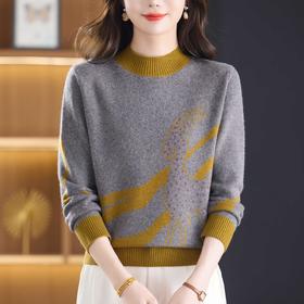 保暖半高领针织衫，撞色印花毛衣妈妈装宽松显瘦打底上衣CC-103-C8116