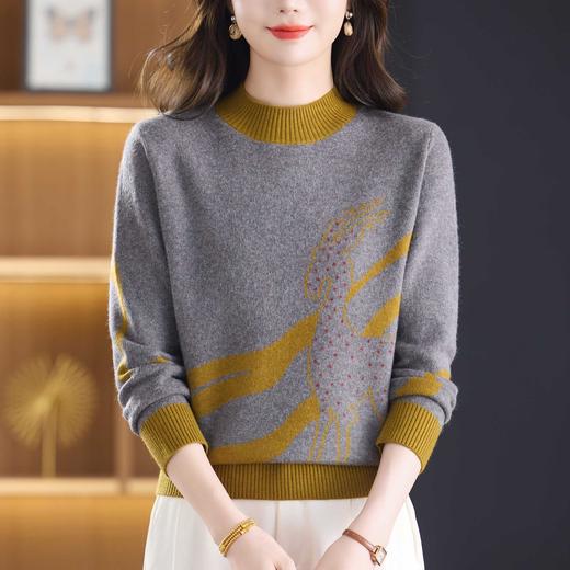 保暖半高领针织衫，撞色印花毛衣妈妈装宽松显瘦打底上衣CC-103-C8116 商品图0
