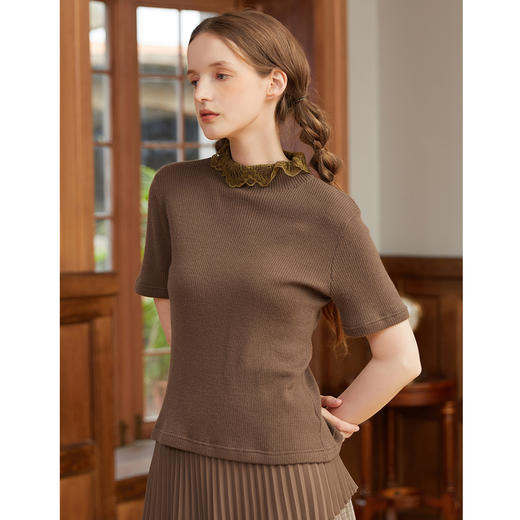 Famecoco范可儿复古蕾丝半高领短袖针织衫绵羊毛上衣D195DB301 商品图1