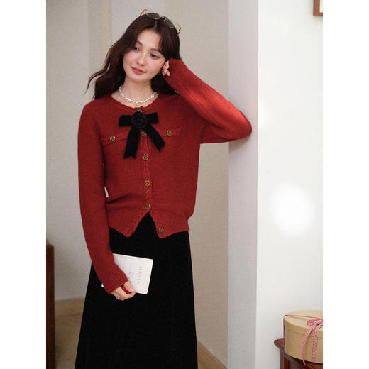 鹿向南「夕阳谜语」红色长袖毛衣秋冬新款修身圣诞百搭开衫毛衣女 商品图2