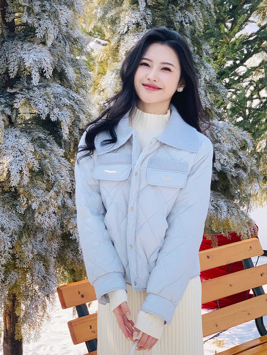 【百图lulu定制】【预售7天发】【黑科技香风棉外套】石墨烯云绒 毛衣领拼接 香风菱形格纹 外套 商品图8