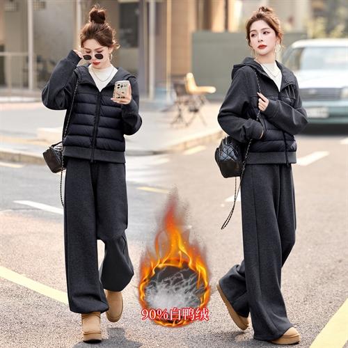 韩版拼接连帽90绒羽绒服外套，配加厚松紧腰卫裤套装HR-YDYX9512 商品图1