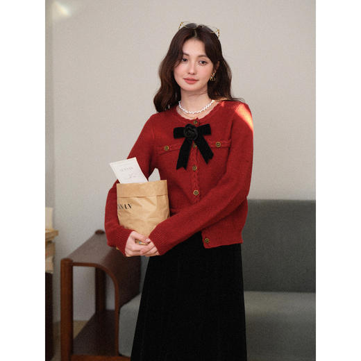 鹿向南「夕阳谜语」红色长袖毛衣秋冬新款修身圣诞百搭开衫毛衣女 商品图0