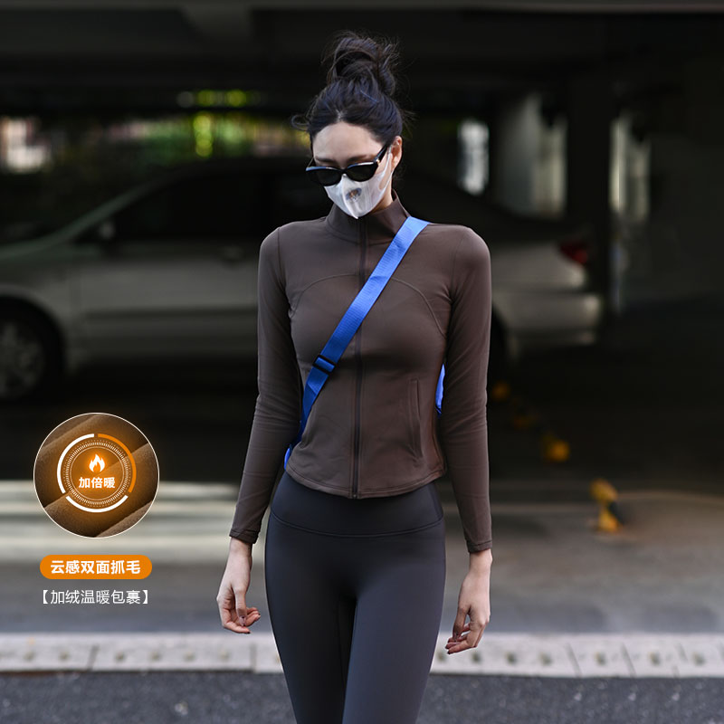 Beemen冬季新款保暖加绒外套 立领拉链修身 双面抓毛 保暖显瘦瑜伽健身上衣