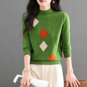 半高领毛衣女士宽松针织上衣，拼色洋气格子显瘦内搭打底衫CC-103-97875