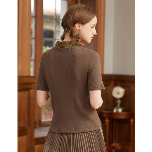 Famecoco范可儿复古蕾丝半高领短袖针织衫绵羊毛上衣D195DB301 商品图3