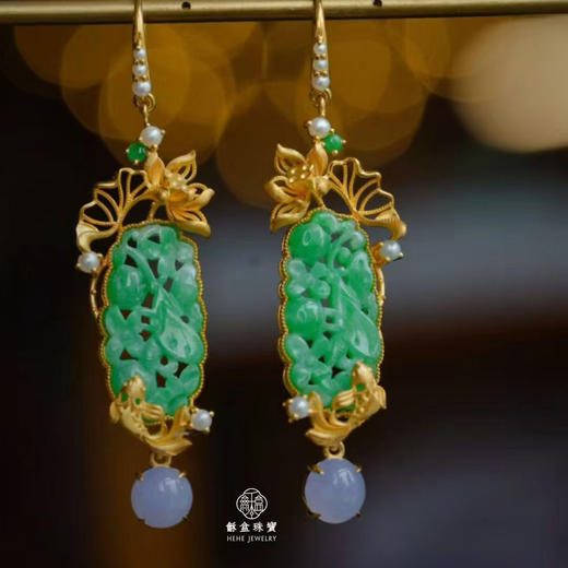 龢盒原创 荷塘锦鲤18k金镶老翡翠耳坠 商品图0