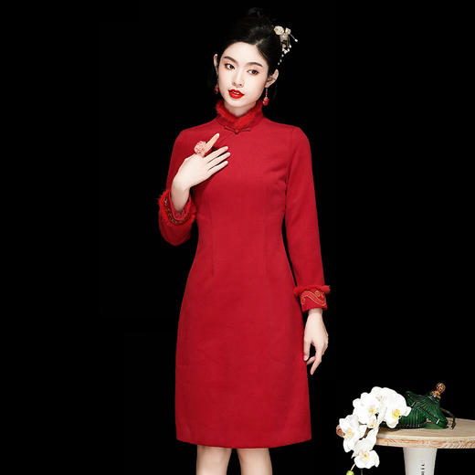 中国风复古毛呢红色改良旗袍连衣裙礼服OY230580 商品图1