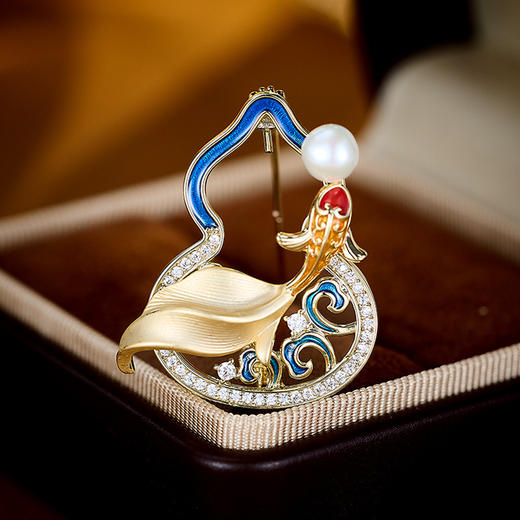 国风复古锦鲤葫芦淡水珍珠胸针，高档精致汉服旗袍胸花西装配饰别针LY-M-300 商品图0