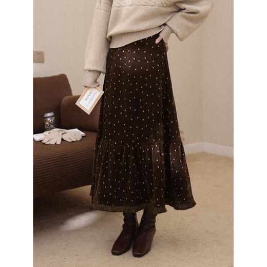 鹿向南「莫奈花园」咖色碎花半身裙女秋冬新款修身高腰毛边中长裙 商品图2