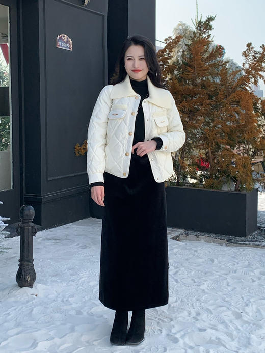 【百图lulu定制】【预售7天发】【黑科技香风棉外套】石墨烯云绒 毛衣领拼接 香风菱形格纹 外套 商品图5