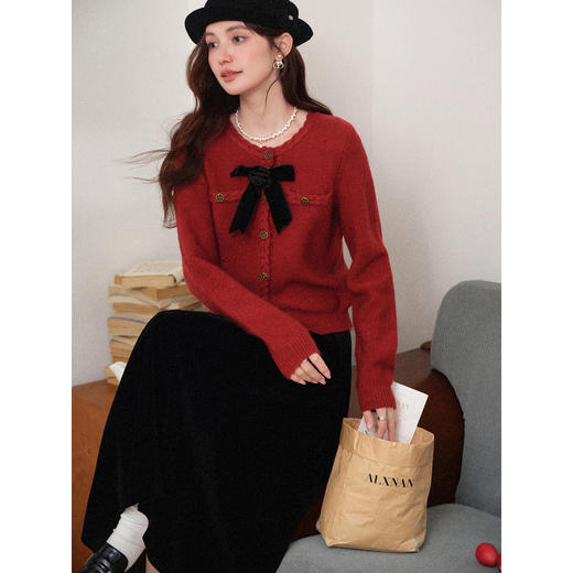 鹿向南「夕阳谜语」红色长袖毛衣秋冬新款修身圣诞百搭开衫毛衣女 商品图3