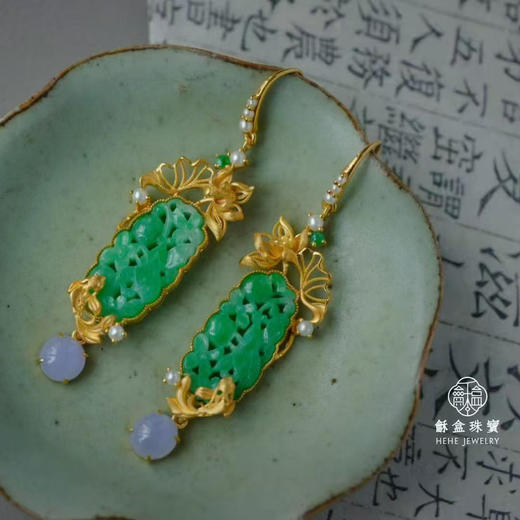龢盒原创 荷塘锦鲤18k金镶老翡翠耳坠 商品图1