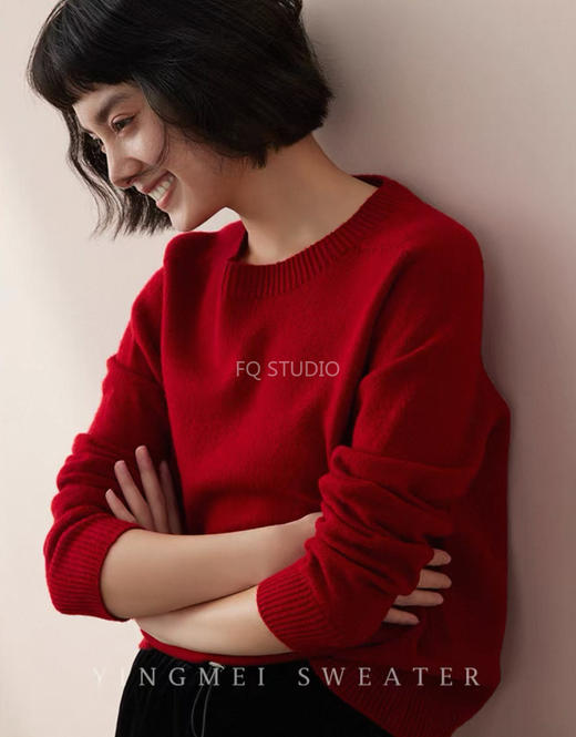 好运红气养人氛纯正红羊毛羊绒圆领高领毛衫 商品图0