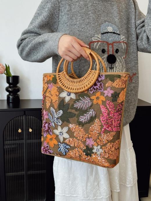 【小众高奢刺绣包包】亮片草编托特包 高奢小众刺绣女士包包 大容量时尚编织手提包 商品图3