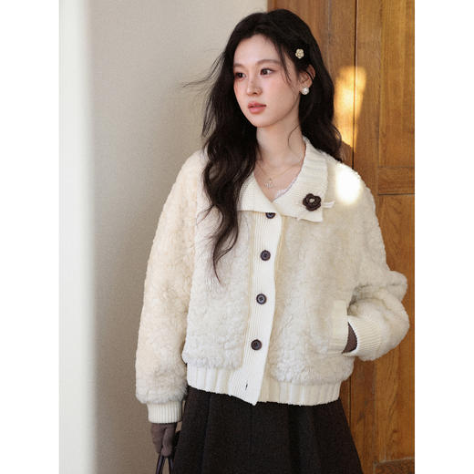 鹿向南「云暖」奶茶色翻领减龄短外套女秋冬新款宽松长袖开衫上衣 商品图0