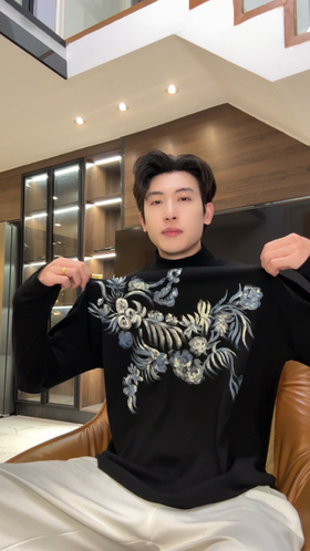 T5056SDSA男士秋冬新款痞帅男装简约时尚手绘彩色花卉立领长袖T恤百搭