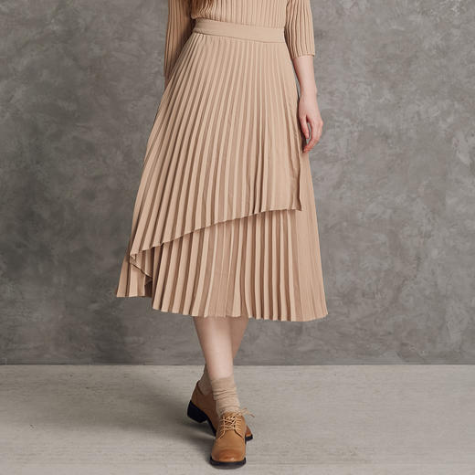 famecoco范可儿不对称百褶半身裙春秋季卡其色裙子女a字遮肚显瘦F185HA003 商品图1