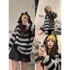 25AW上新 甜甜同款【复调音乐 】圈圈毛条纹长袖针织带帽休闲连帽卫衣