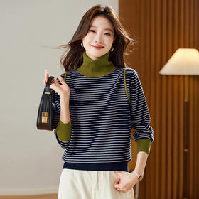 撞色条纹高领毛衣，保暖厚款内搭宽松针织衫打底上衣CC-66-6124