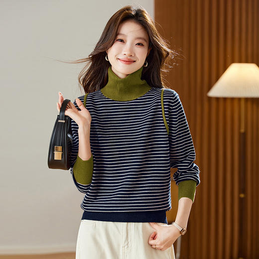 撞色条纹高领毛衣，保暖厚款内搭宽松针织衫打底上衣CC-66-6124 商品图0