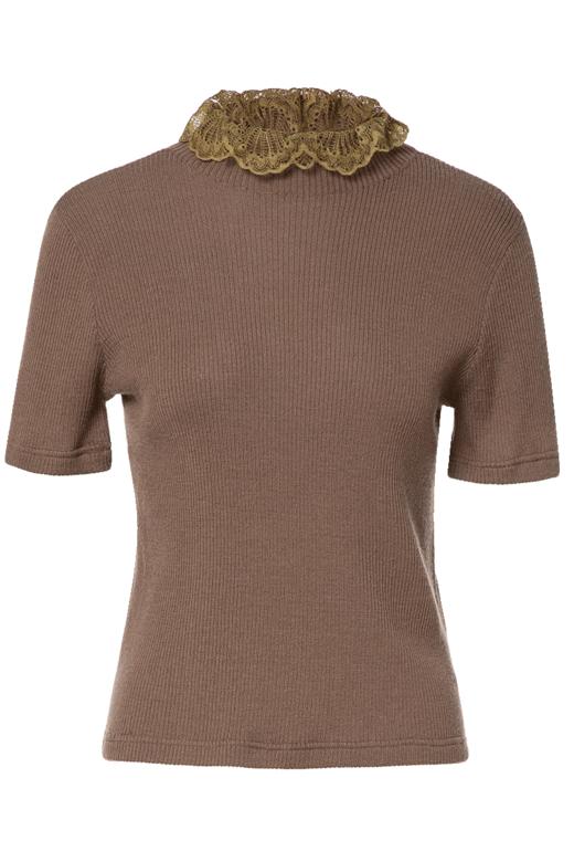 Famecoco范可儿复古蕾丝半高领短袖针织衫绵羊毛上衣D195DB301 商品图5